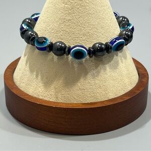 Handmade Evil Eye Stretch Bracelet Magnetic Hematite Blue